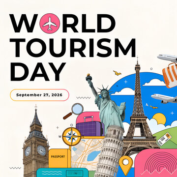 A vibrant illustrative graphic celebrates World Tourism Day on September 27, 2026, featuring global landmarks and travel-related icons against a light background.