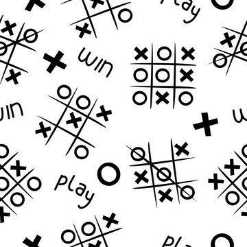 Seamless tic tac toe pattern featuring hand drawn game boards, X and O symbols on a transparent background.