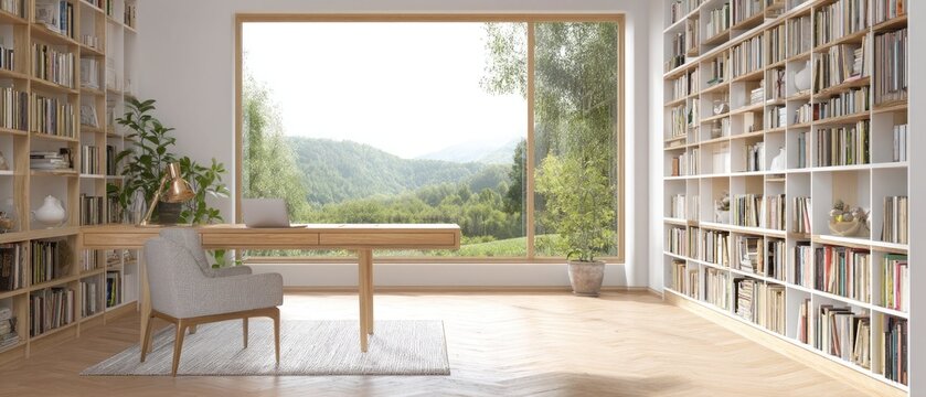 Modern bright reading room with window view and chair