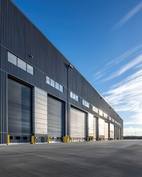 Modern warehouse building with multiple loading dock doors