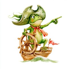Fototapeta premium Whimsical Watercolor Pirate Frog Captain Steering a Ship Wheel for Talk Like a Pirate Day