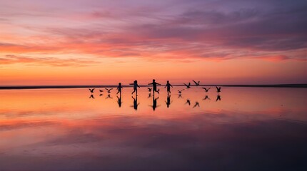 Naklejka premium Silhouette of children running with birds on a beach at sunset