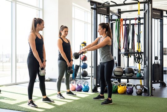 Personal trainer coaching women workout with kettlebells in modern gym