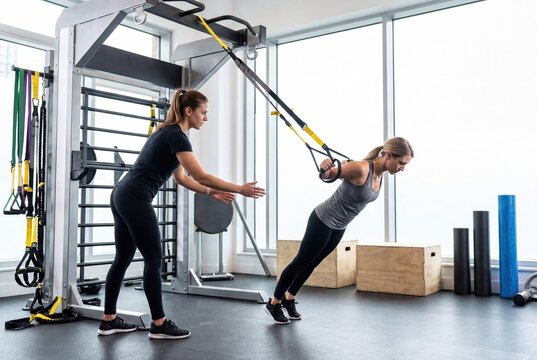 Personal trainer helping woman workout with suspension straps in gym