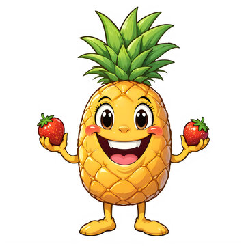 Happy pineapple cartoon character holding two fresh red strawberries in its hands