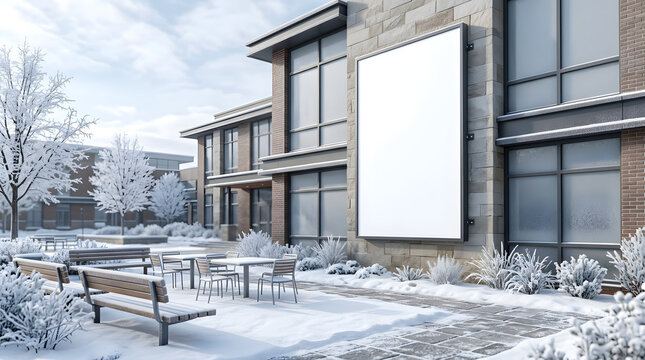 Blank vertical billboard mockup on modern building facade in winter snow