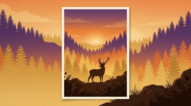 Deer Silhouette in Forest at Golden Sunset Landscape