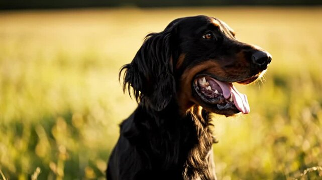 Happy Gordon Setter Dog Outdoors in a Field with Its Tongue Out, Enjoying a Beautiful Sunny Day