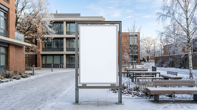 Blank vertical billboard mockup on snowy street in winter