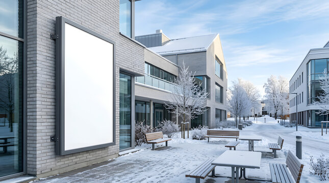 Blank vertical billboard mockup on modern building wall in winter snow