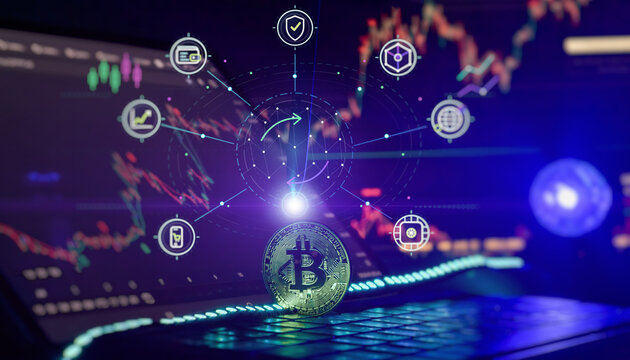 Bitcoin cryptocurrency coin on laptop keyboard with digital financial network interface and trading charts.