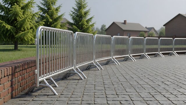 Modern metal barricades lining a clean urban sidewalk near residential houses