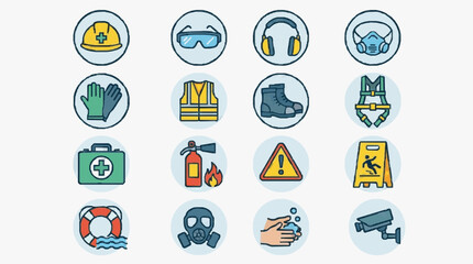 Fototapeta premium Sleek Collection of 16 Essential Safety Gear Icons in Vibrant Colors and Minimalist Design with high quality professional line art symbols for modern creative design and digital branding projects