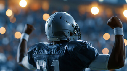 Fototapeta premium Faceless athletic American football player standing in uniform in the middle of the field, celebrating a triumphant championship-winning game as fans cheer from their stadium