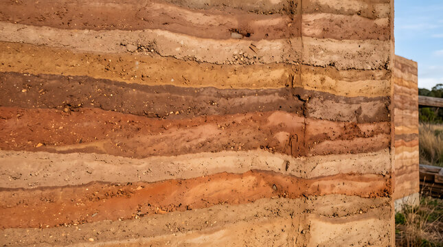 Rammed earth wall stratified layers warm earth tones texture