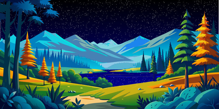 Vector, night, stars, jungle, park, summer, grass, sky, walk, nature, green, game, cloud, vector graphics, forest, trees, clouds, bushes, joy, relaxation, banner, poster, panorama, mountains, lakes