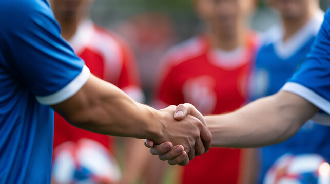 Faceless soccer players from opposing teams exchanging a handshake after an international football championship match, professional sportsmanship after the final whistle, with