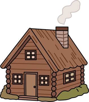 Cozy winter log cabin house with chimney smoke in cute illustrative vector style