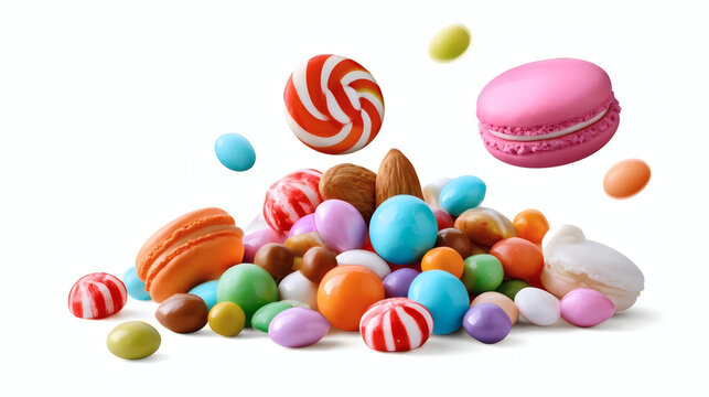 Variety of colorful candies, sweets, macarons and almonds isolated on white background. Festive dessert assortment, bright sugar treats for holidays or parties.