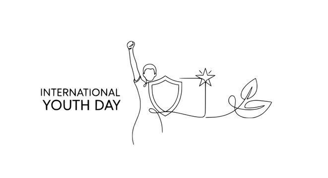 International Youth Day: Person with Shield, Star, and Leaves - Continuous Line Art