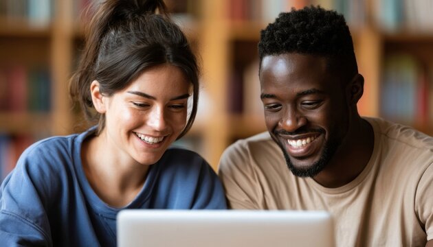 Young couple smiling together while looking at a laptop screen in a cozy library setting