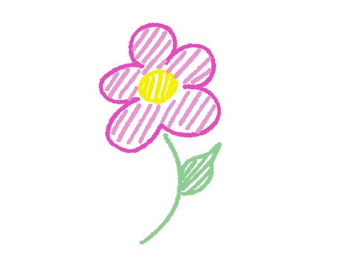 Pink flower  illustration with crayon, chalk, and scribble strokes. Playful doodle shapes for kids, music, and cartoon designs. Flat vector illustration isolated on white background.