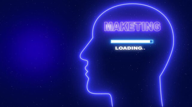 Marketing Neon blue outline of a human head profile with the word Server Security and a loading bar on a dark blue starry background