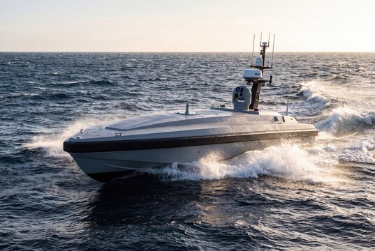 Unmanned surface vehicle navigating open ocean during marine patrol