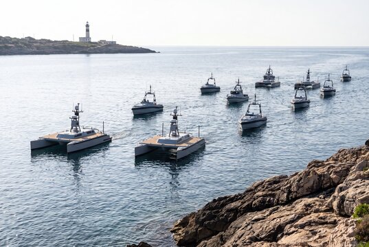 Autonomous surface vehicles fleet navigating calm ocean waters at sea