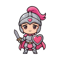 Fototapeta premium Chibi knight girl with sword and shield. Cute warrior character in armor with heart icon.
