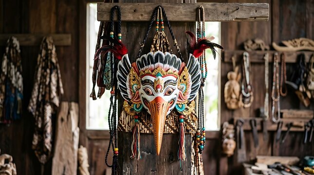 Intricate traditional balinese garuda mask in a rustic wood workshop