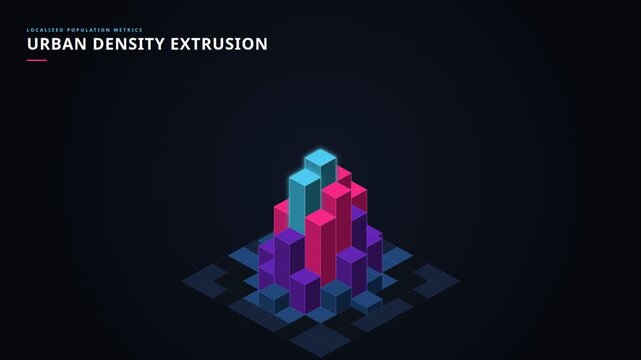 Isometric 3d chart visualizing urban population density metrics with rising glowing blocks, for data analysis, smart city development, growth projections, statistical modeling, digital