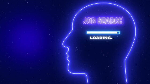 Job Search Neon blue outline of a human head profile with the word Server Security and a loading bar on a dark blue starry background