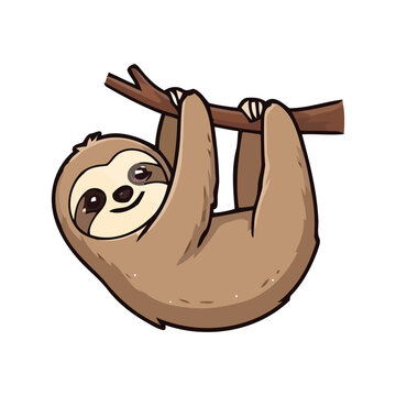 Cute cartoon sloth hanging on a branch. Adorable wild animal illustration for kids.