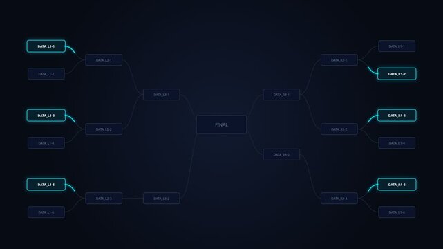 Tournament bracket auto-draw interface with glowing digital nodes, for competitive sports organization, bracket management, data structures, algorithm visualization, event planning