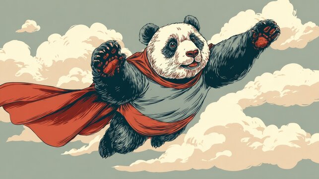 Superhero panda soaring through cloudy sky comic style illustration