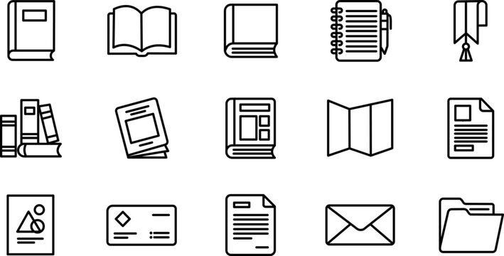 Book and document line icon set for publishing, education, and printing business design
