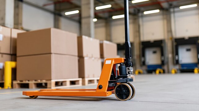 The orange pallet jack in a spacious warehouse environment ready for operation