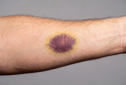 Large dark bruise and hematoma on human arm skin medical condition