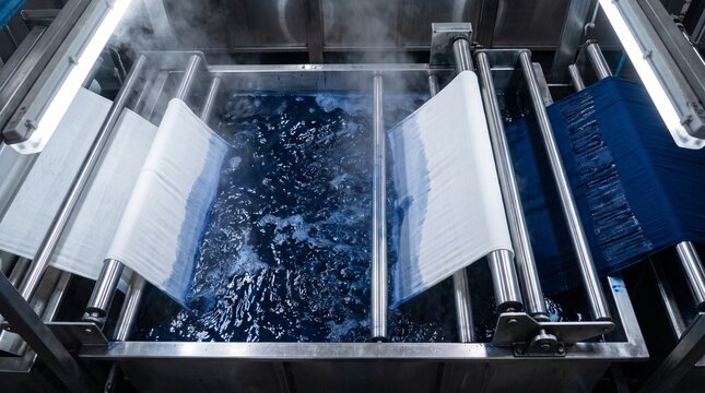 Industrial machine dyeing blue fabric in a textile factory production line for clothing manufacturing