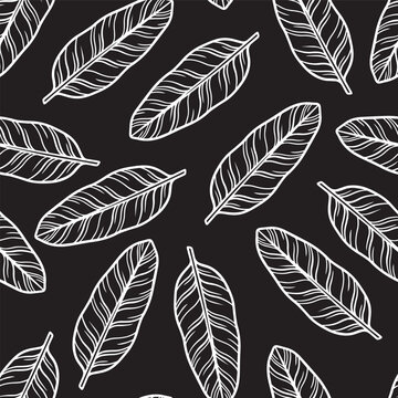 Seamless monoline tropical leaf pattern vector illustration with hand drawn