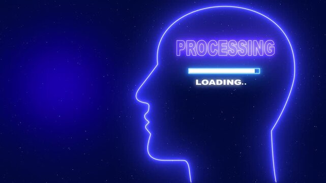 Processing Neon blue outline of a human head profile with the word Server Security and a loading bar on a dark blue starry background