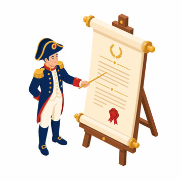 Isometric vector illustration of a 19th-century French general in blue uniform and bicorne hat pointing at a large paper scroll with a laurel wreath and wax seal on a wooden easel stand.