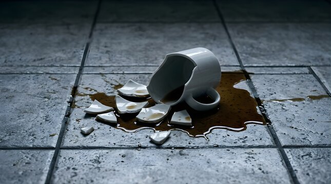 Broken white ceramic coffee mug shattered on a dark tile floor with spill