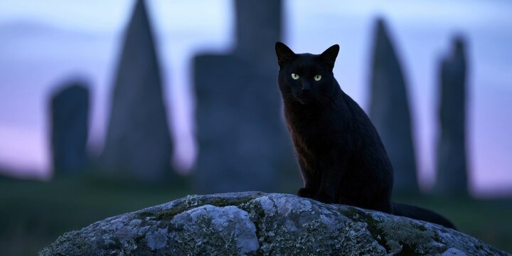 Black cat sitting alert on a textured stone surface with standing stones at twilight