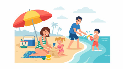 Obraz premium Happy family enjoying a sunny day at the beach building sandcastles and playing with a ball