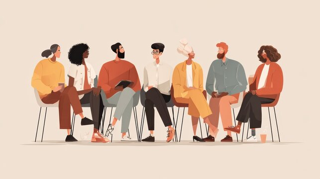 Business meeting scene, diverse group, flat design style, soft colors, no logos or words