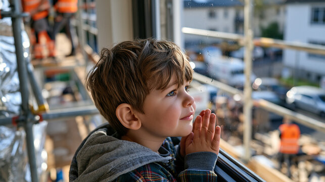 Young child pressing face against a rain streaked apartment window watching an insulation installation crew work on scaffolding below, busy urban street backdrop, curious child perspective, home ren