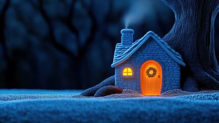 Fototapeta premium Cozy stone cottage glowing warmly in snowy enchanted forest at blue hour