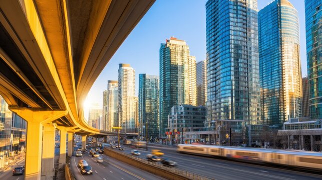 A vibrant urban scene showcasing tall glass skyscrapers under a clear blue sky at sunset